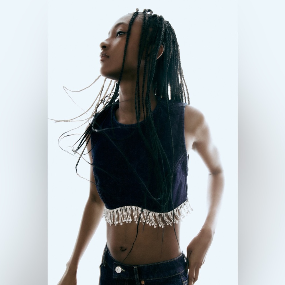 Zara Denim Crop Top with Crystal Embellisment